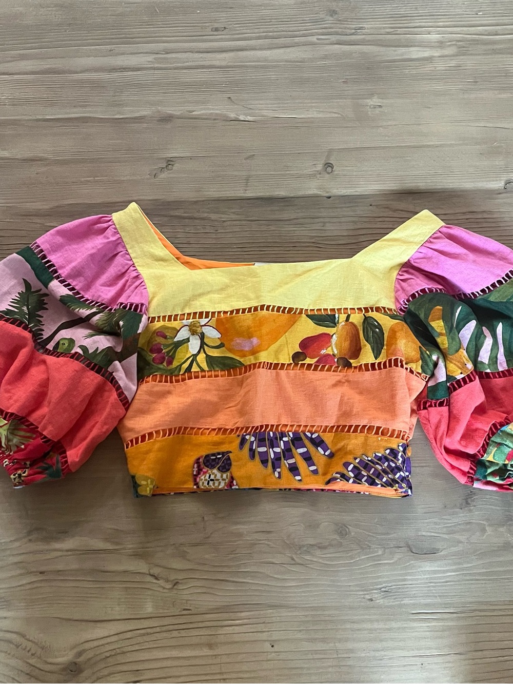 Farm Rio Boho Patchwork Crop Top with Puff Sleeves - Yellow / Pink. Never worn!